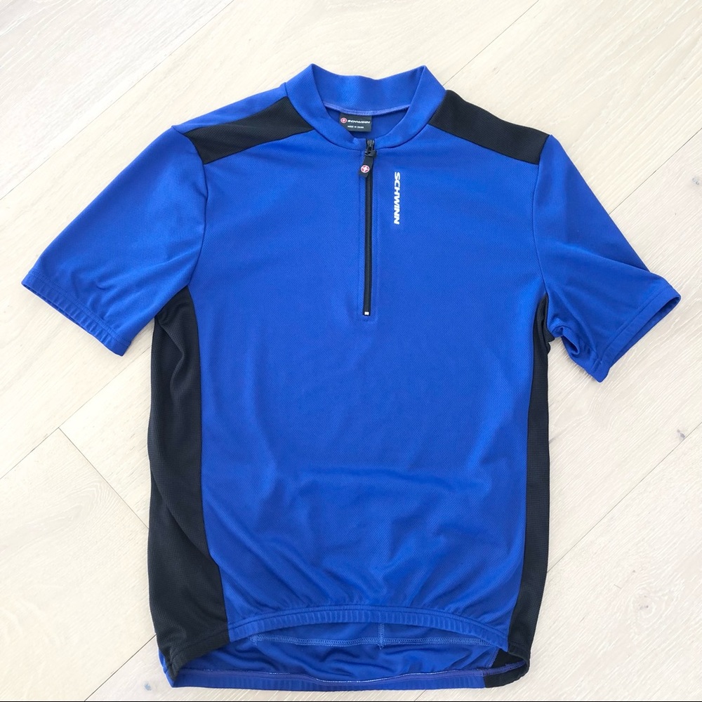 ⭐️Schwinn⭐️Cycling Jersey 3 Back Pockets Blue Black Short Sleeve Men's Large